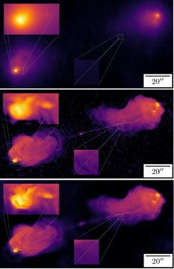Three different image reconstructions of the radio galaxy Cygnus A from VLA interferometry data. Two small regions (a bright and a dark one, respectively), have been enlarged for easier comparison.
Top panel: naive Fourier transform without optimization.
Middle panel: reconstruction using the CLEAN algorithm. A higher resolution is reached, but some unphysical structures are generated, especially in the darker regions.
Bottom panel: reconstruction using Bayesian imaging and Information Field Theory. Resolution in the bright areas is further improved, yet no artefacts are visible in the dark areas.For a larger view of image reconstructions B and C, please see below.