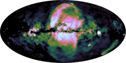 The eROSITA bubbles. In this false-colour map the extended emission at energies of 0.6-1.0 keV is highlighted. The contribution of the point sources was removed and the scaling adjusted to enhance large-scale structures in our Galaxy.