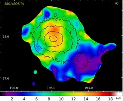 Abb. 3. Verhältnis der Mikrowellen- und Röntgenbilder des Coma-Haufens, umgerechnet auf die gewichtete Elektronentemperatur. Die Konturen zeigen die Oberflächenhelligkeit im Röntgenlicht. Der Kern des Haupthaufens ist heiß, mit einer Temperatur von ~100 Grad. Die blaue Region unten rechts entspricht dem kühleren Gas der NGC4389-Gruppe, das eine etwa dreimal kühlere Tempertur hat.