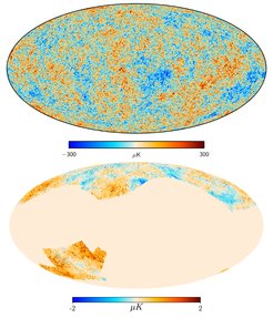Oben: CMB-Temperaturanisotropien, wie sie vom Planck-Satelliten der ESA kartiert wurden.
Unten: Beispiel für die Vorhersage des kSZ-Signals aus Rekonstruktion der großräumigen Materie- und Geschwindigkeitsverteilung unter Verwendung der Bayes'schen Vorwärtsmodellierung. Da die Rekonstruktion auf Galaxiendaten beruht, wird das kSZ-Signal nur für Himmelsregionen vorhergesagt, in denen diese Galaxien beobachtet wurden. Beachten Sie den großen Unterschied zwischen der typischen Amplitude der beobachteten CMB-Anisotropien und der des kSZ-Signals (Skalenbalken am unteren Rand der Bilder).