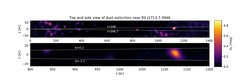 The dust clouds found in this study are depicted here as a virtual observer would see them from above the galaxy (top panel) and east of the remnant (bottom panel). The white lines indicate where the supernova remnant is known to be located. The only dust cloud that overlaps with its position is found to be at 1120pc (or 3750 light-years away).