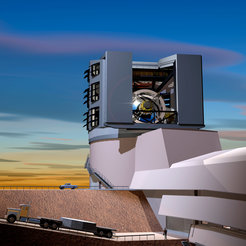 Künstlerische Darstellung des Vera-Rubin-Observatoriums auf dem Cerro-Pachón in Chile, die den Hauptspiegel des Teleskops zeigt. Diese Anlage befindet sich in der Entwicklung und wird das Studium des zirkumgalaktischen Gases enorm erweitern.