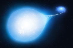 Artist’s impression of the HD265435 system at around 30 million years from now, with the smaller white dwarf distorting the hot subdwarf into a distinct ‘teardrop’ shape.