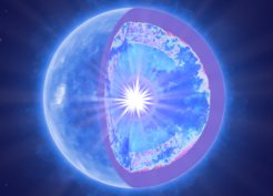 Artistic impression of a hot sub-dwarf star during the He-flash with a view of its interior structure.